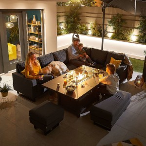 Nova - Eclipse All Weather Fabric Corner Dining Set with Stools & Firepit Table - Dark Grey