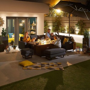 Nova - Eclipse All Weather Fabric Corner Dining Set with Stools & Firepit Table - Dark Grey