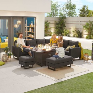 Nova - Eclipse All Weather Fabric Corner Dining Set with Stools & Firepit Table - Dark Grey
