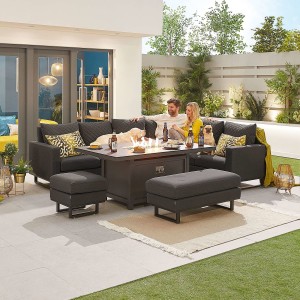 Nova - Eclipse All Weather Fabric Corner Dining Set with Stools & Firepit Table - Dark Grey