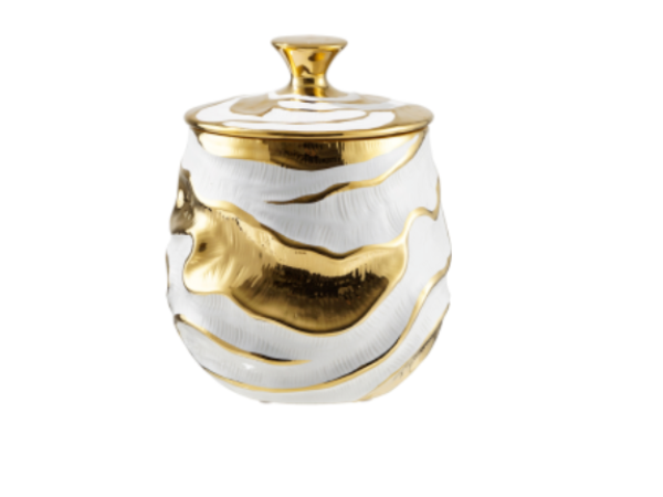 White and Gold Textured Ripples Design Ceramic Ginger Jar