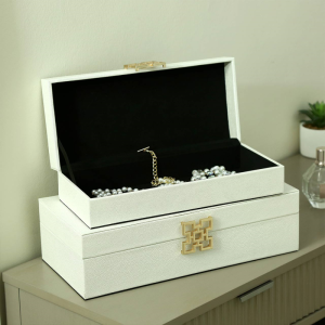 Set of 2 White Faux Litchi Jewellery Boxes with Matte Gold Handle