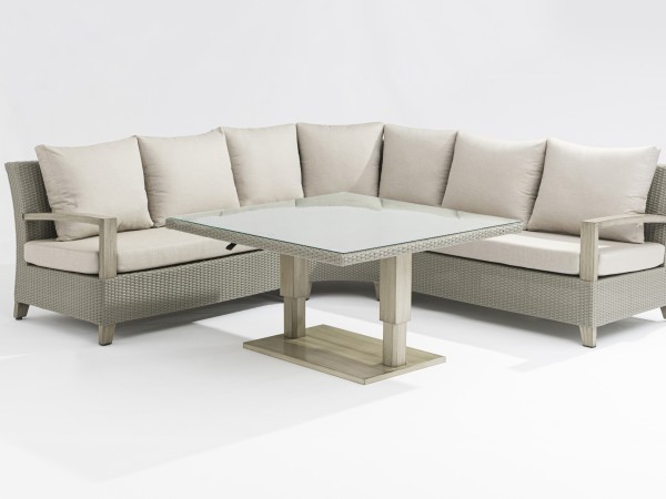 Nova - Griffin Curved Corner Dining Set with Square Rising Table & Double Benches - Light Grey