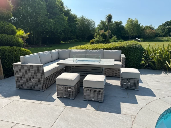 Chimes - Monaco Aluminium & Rope Left Hand Corner Dining Set with Rising Firepit Table - Cream