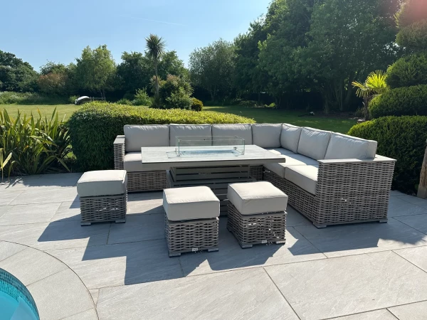 Chimes - Monaco Aluminium & Rope Right Hand Corner Dining Set with Rising Firepit Table - Cream