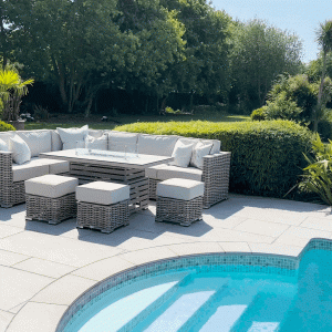 Chimes - Monaco Aluminium & Rope Left Hand Corner Dining Set with Rising Firepit Table - Cream