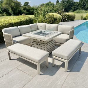 Chimes - Portofino Aluminium & Rope Compact Corner Dining Set With Rising Fire-Pit Table