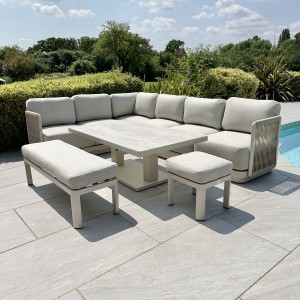 Chimes-Portofino Aluminium & Rope Casual Corner Corner Dining Set With Rising Table - Cream