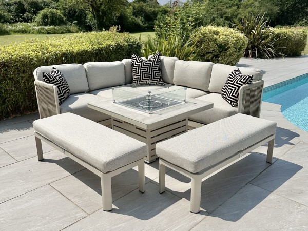 Chimes - Portofino Aluminium & Rope Compact Corner Dining Set With Rising Fire-Pit Table