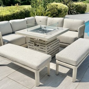 Chimes - Portofino Aluminium & Rope Compact Corner Dining Set With Rising Fire-Pit Table