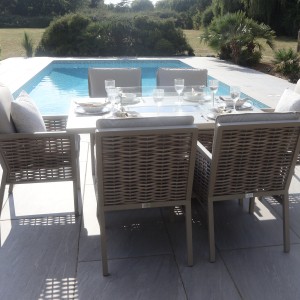 Chimes - Monaco Aluminium 6 Seat Rectangular Dining Set - 1 Meter x 1.5 Meter Table With Firepit - Rope Weave - Cream