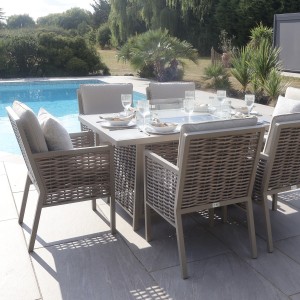 Chimes - Monaco Aluminium 6 Seat Rectangular Dining Set - 1 Meter x 1.5 Meter Table With Firepit - Rope Weave - Cream
