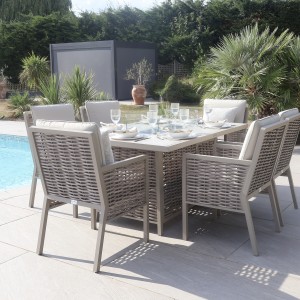 Chimes - Monaco Aluminium 6 Seat Rectangular Dining Set - 1 Meter x 1.5 Meter Table With Firepit - Rope Weave - Cream
