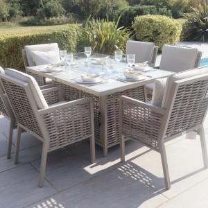 Chimes - Monaco Aluminium 6 Seat Rectangular Dining Set - 1 Meter x 1.5 Meter Table With Firepit - Rope Weave - Cream