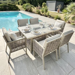 Chimes - Monaco Aluminium 6 Seat Rectangular Dining Set - 1 Meter x 1.5 Meter Table With Firepit - Rope Weave - Cream