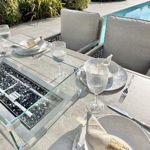 Chimes - Monaco Aluminium 6 Seat Rectangular Dining Set - 1 Meter x 1.5 Meter Table With Firepit - Rope Weave - Cream