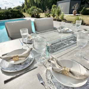Chimes - Monaco Aluminium 6 Seat Rectangular Dining Set - 1 Meter x 1.5 Meter Table With Firepit - Rope Weave - Cream