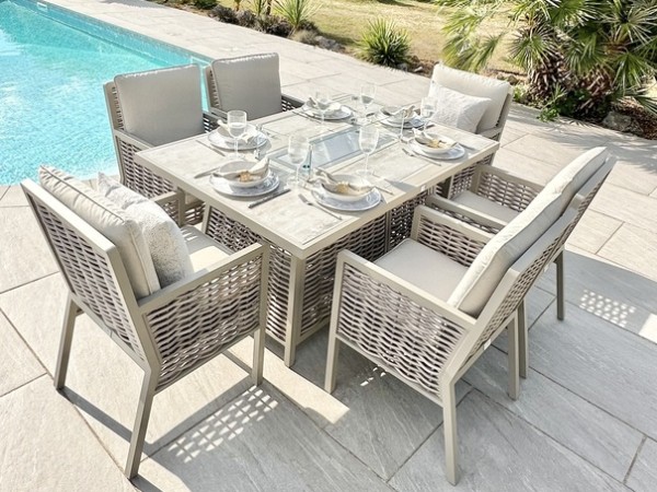 Chimes - Monaco Aluminium 6 Seat Rectangular Dining Set - 1 Meter x 1.5 Meter Table With Firepit - Rope Weave - Cream