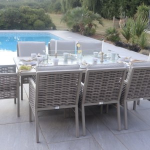 Chimes - Monaco Aluminium 8 Seat Rectangular Dining Set - 1 Meter x 2 Meter Table With Firepit - Rope Weave - Cream