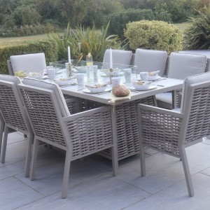 Chimes - Monaco Aluminium 8 Seat Rectangular Dining Set - 1 Meter x 2 Meter Table With Firepit - Rope Weave - Cream