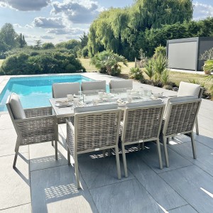 Chimes - Monaco Aluminium 8 Seat Rectangular Dining Set - 1 Meter x 2 Meter Table With Firepit - Rope Weave - Cream