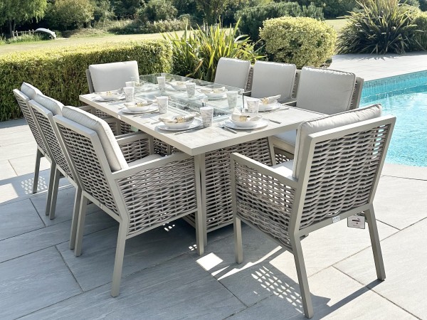 Chimes - Monaco Aluminium 8 Seat Rectangular Dining Set - 1 Meter x 2 Meter Table With Firepit - Rope Weave - Cream
