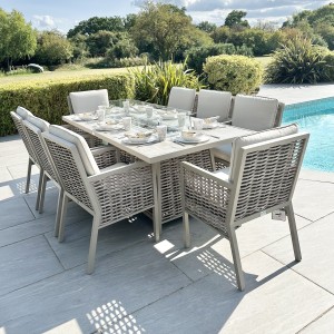 Chimes - Monaco Aluminium 8 Seat Rectangular Dining Set - 1 Meter x 2 Meter Table With Firepit - Rope Weave - Cream