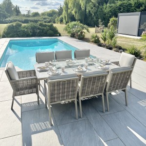 Chimes - Monaco Aluminium 8 Seat Rectangular Dining Set - 1 Meter x 2 Meter Table With Firepit - Rope Weave - Cream