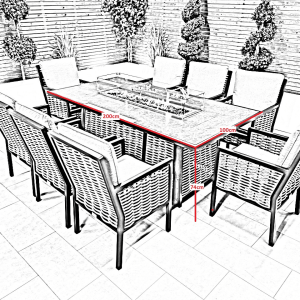 Chimes - Monaco Aluminium 8 Seat Rectangular Dining Set - 1 Meter x 2 Meter Table With Firepit - Rope Weave - Cream