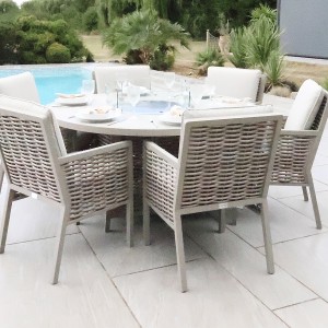Chimes - Monaco Aluminium 6 Seat Round Dining Set - 1.5 Meter Round Table With Firepit - Rope Weave - Cream