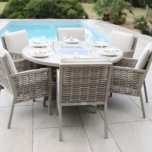 Chimes - Monaco Aluminium 6 Seat Round Dining Set - 1.5 Meter Round Table With Firepit - Rope Weave - Cream