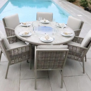 Chimes - Monaco Aluminium 6 Seat Round Dining Set - 1.5 Meter Round Table With Firepit - Rope Weave - Cream