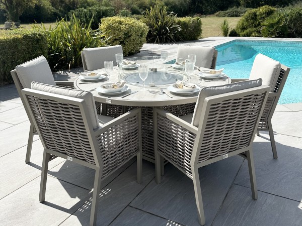 Chimes - Monaco Aluminium 6 Seat Round Dining Set - 1.5 Meter Round Table With Firepit - Rope Weave - Cream