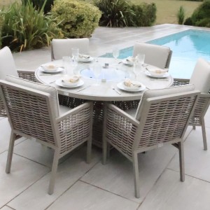 Chimes - Monaco Aluminium 6 Seat Round Dining Set - 1.5 Meter Round Table With Firepit - Rope Weave - Cream