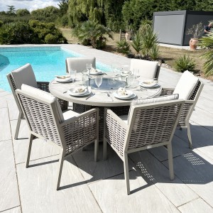 Chimes - Monaco Aluminium 6 Seat Round Dining Set - 1.5 Meter Round Table With Firepit - Rope Weave - Cream