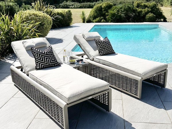 Chimes - Monaco Aluminium & Rope Sun Lounger Set with Coffee Table - Cream