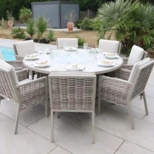 Chimes - Monaco Aluminium 8 Seat Round Dining Set - 1.8 Meter Round Table With Firepit - Rope Weave - Cream