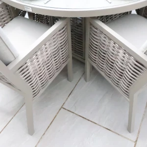 Chimes - Monaco Aluminium 8 Seat Round Dining Set - 1.8 Meter Round Table With Firepit - Rope Weave - Cream