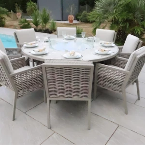 Chimes - Monaco Aluminium 8 Seat Round Dining Set - 1.8 Meter Round Table With Firepit - Rope Weave - Cream