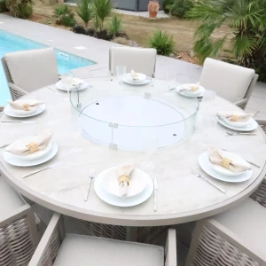 Chimes - Monaco Aluminium 8 Seat Round Dining Set - 1.8 Meter Round Table With Firepit - Rope Weave - Cream
