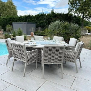 Chimes - Monaco Aluminium 8 Seat Round Dining Set - 1.8 Meter Round Table With Firepit - Rope Weave - Cream