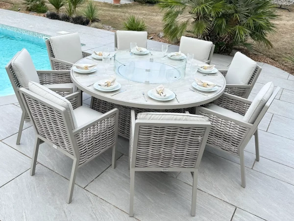 Chimes - Monaco Aluminium 8 Seat Round Dining Set - 1.8 Meter Round Table With Firepit - Rope Weave - Cream
