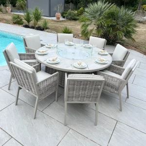 Chimes - Monaco Aluminium 8 Seat Round Dining Set - 1.8 Meter Round Table With Firepit - Rope Weave - Cream