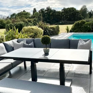 Nova - Phoenix Corner Sofa Set with Rectangular Extending Rising Table, Armchair & Bench - Grey