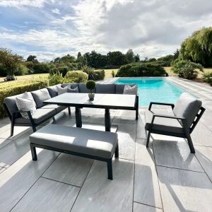 Nova - Phoenix Corner Sofa Set with Rectangular Extending Rising Table, Armchair & Bench - Grey