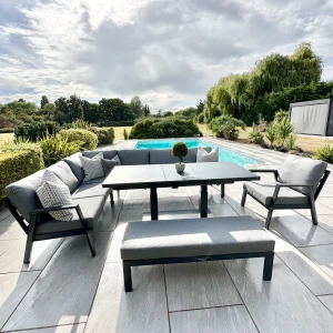 Nova - Phoenix Corner Sofa Set with Rectangular Extending Rising Table, Armchair & Bench - Grey