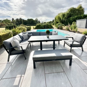 Nova - Phoenix Corner Sofa Set with Rectangular Extending Rising Table, Armchair & Bench - Grey
