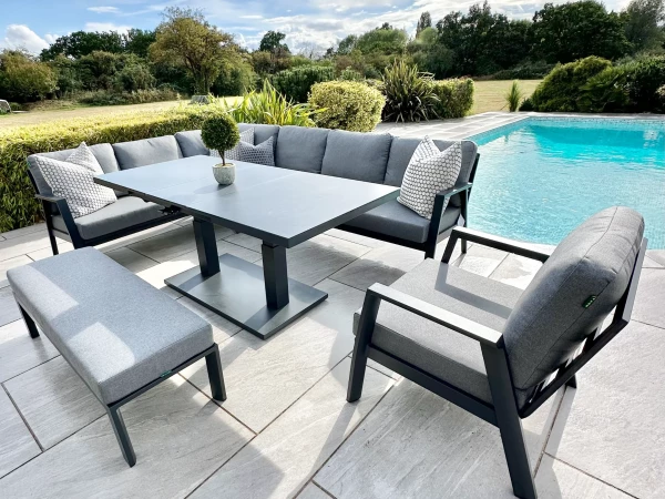 Nova - Phoenix Corner Sofa Set with Rectangular Extending Rising Table, Armchair & Bench - Grey