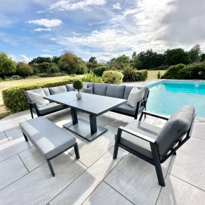 Nova - Phoenix Corner Sofa Set with Rectangular Extending Rising Table, Armchair & Bench - Grey
