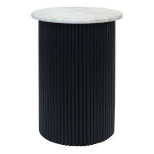 Tyler Travertine Top Side Table with Black Acacia Wood Base